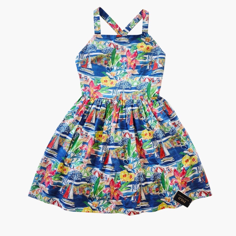 NWT Polo Ralph Lauren Riviera Blue Tropical Beach Print Cotton Dress Girl's 16
